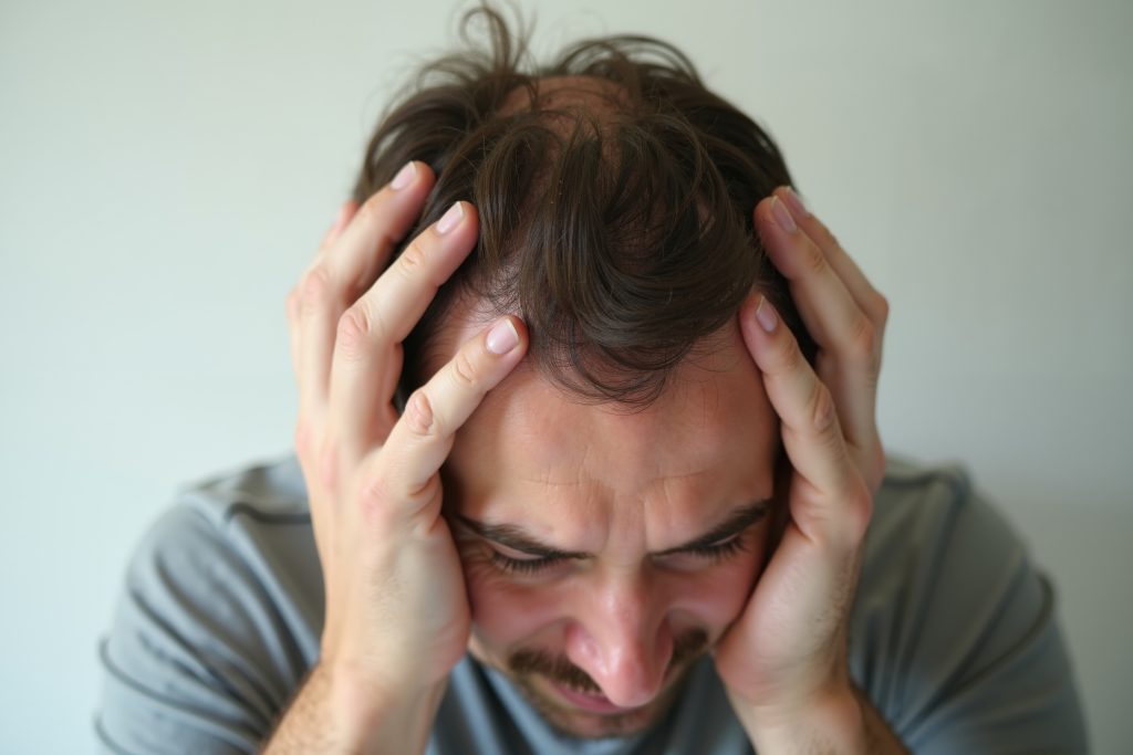 Hombre con signos de estrés y pérdida de cabello, preocupado por la alopecia nerviosa