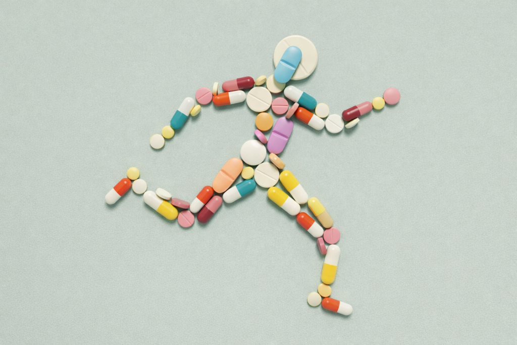 Figura de persona corriendo formada por cápsulas y pastillas, simbolizando la relación entre medicación capilar y deporte